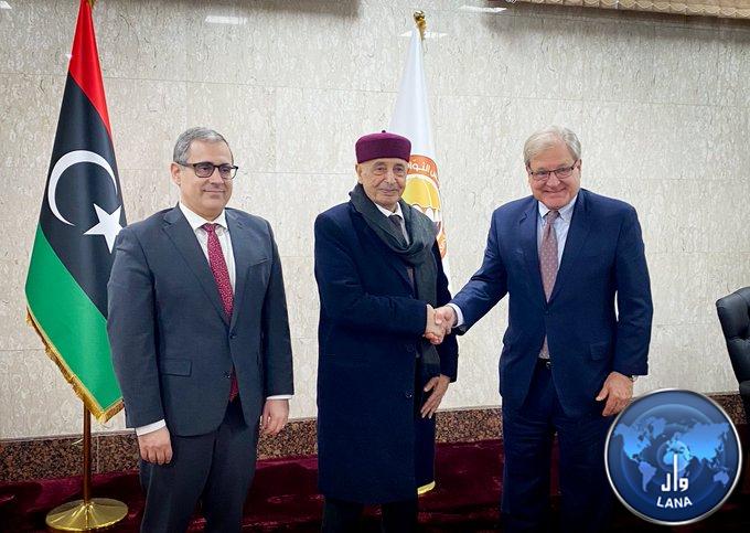 HoR Agila Saleh, center, US Special Envoy Richard Norland, Right, and Charge d'Affaires Berndt meeting in Benghazi 25 November 2024.