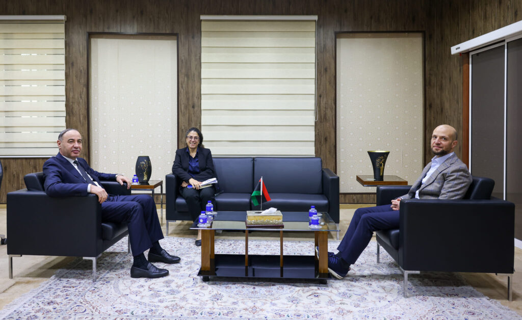 Mr. Walid Al-Lafi, Right, Mr. Taher Al-Baour, Left, and Ms. Stephanie Koury, Center, Tripoli, 28 November 2024. (Foreign Ministry photo)