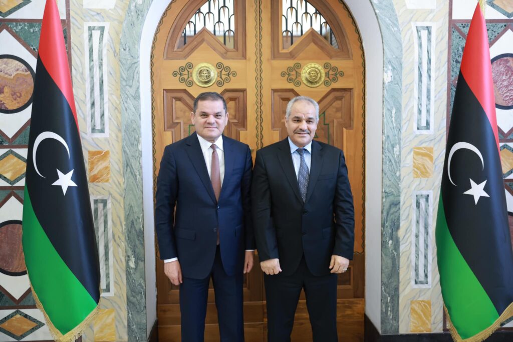 The Governor of the Central Bank of Libya, Mr. Naji Issa, Right, meets in his office with PM Abdulhamid Dbeibeh who offered his congratulations for his appointment as governor. 11 November 2024. (CBL photo)