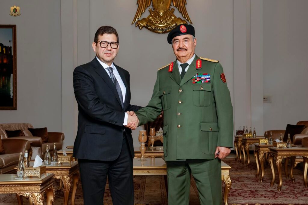 Mr. Kalifa Haftar, Left, Commander of the Libya Armed Forces, shakes hands with Mr. Hassan Rashad, Director of the Egyptian General Intelligence Service, in Benghazi, 29 December 2024. (General Command photo)