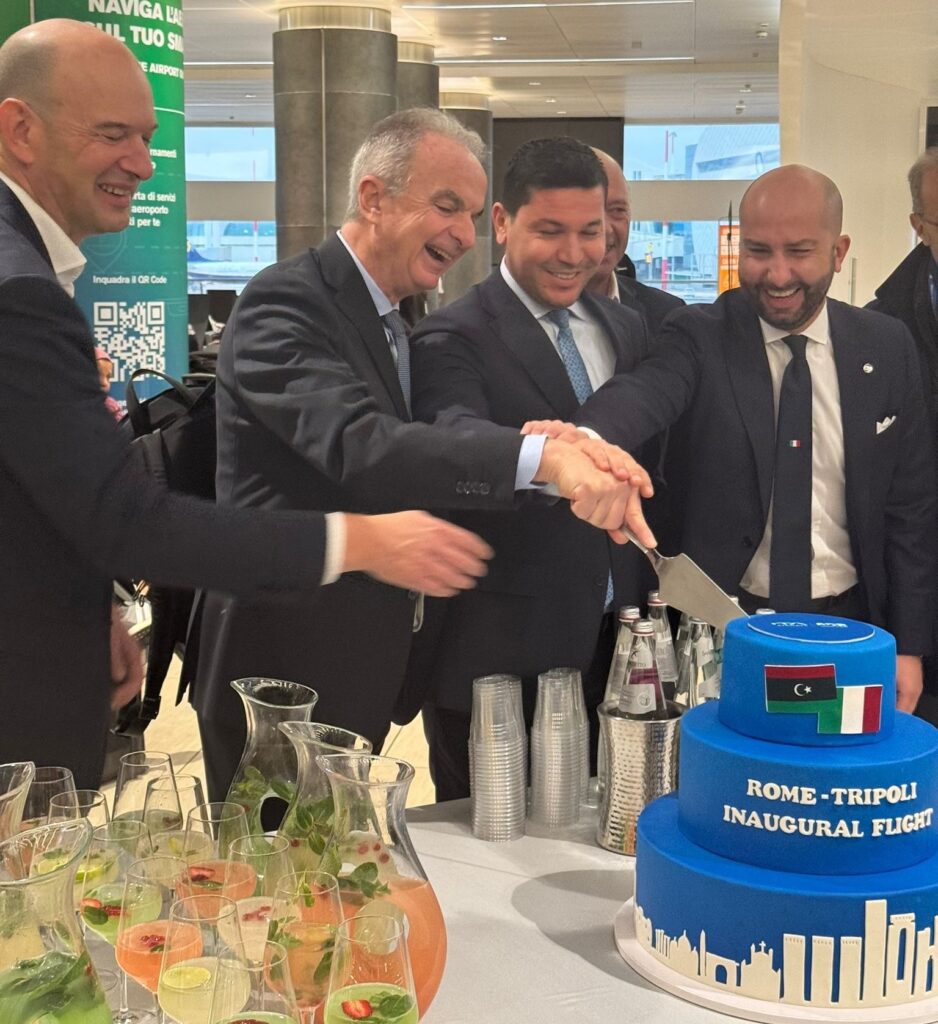 Italian and Libyan officials celebrate the resumption of flight between Rome and Tripoli at Rome Fiumicino International Airport ,12 January 2025. (Italian Embassy in Tripoli Photo)