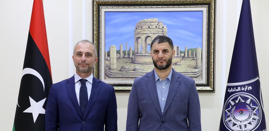 Libya's Minister of Interior Imad Tarabulsi, Right, and the Italian Amb. Gianluca Alberini meeting on Sunday 9 February 2025. (MoI photo)