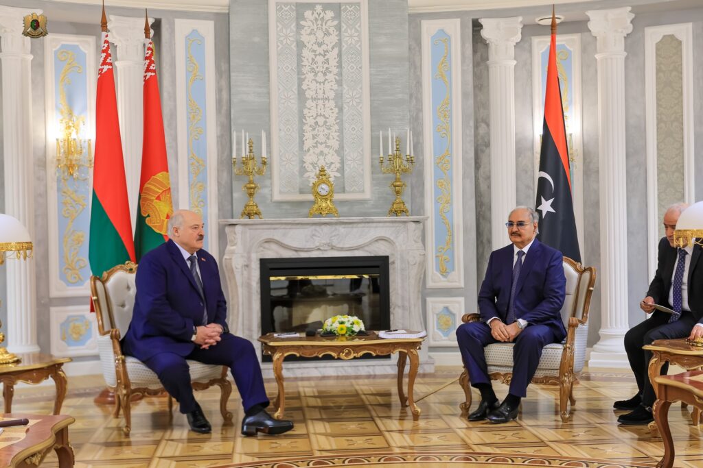 LNA's Commander Field Marshal Khalifa Haftar, Right, meets the Belarusian President Aleksandr Lukashenko in Minsk, 18 February 2025. (LNA photo)