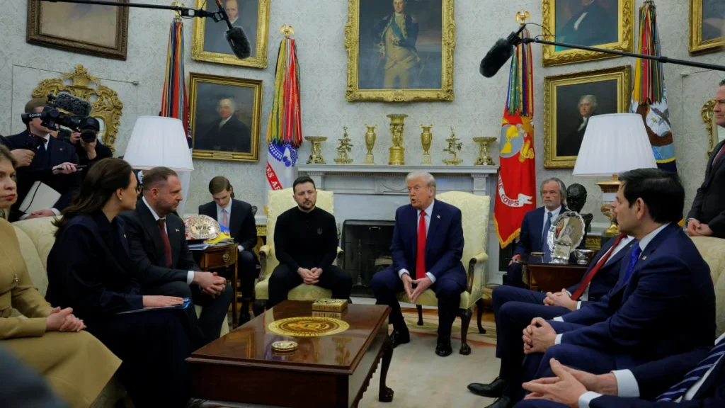 US President Donald Trump meets with Ukrainian President Volodymyr Zelensky in the Oval Office, in the White House, Friday 28 February 2025. (Reuters photo)