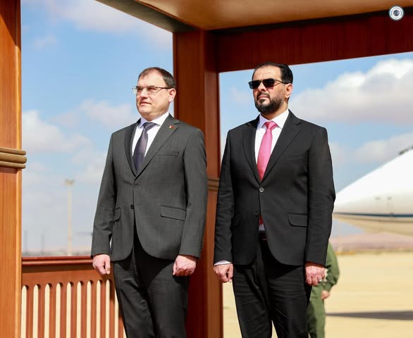 PM Osama Hammad, Right, welcomes Belarusian Deputy Prime Minister Viktor Karankevich and his delegation during his arrival in Benina International Airport in Benghazi, 9 March 2025. (Libyan Government photo)