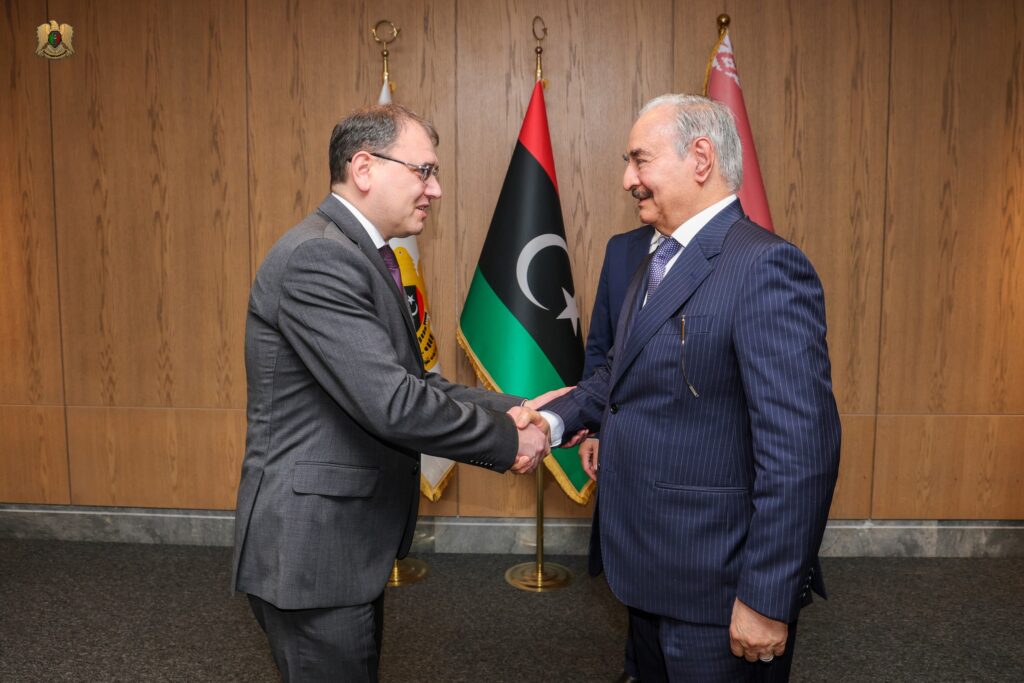 Commander of the Libyan National Army (LNA) Field Marshal Khalifa Haftar, Right, welcomes Belarusian Deputy Prime Minister Mr. Karankevich and his accompanying delegation, 10 February 2025. (LNA photo)